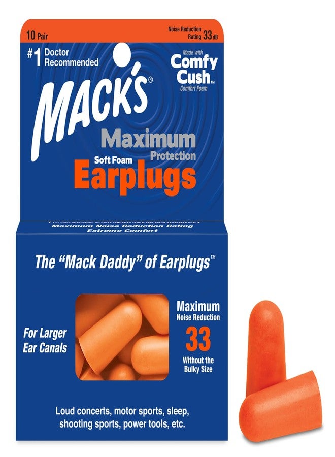 Mack's Mack’s Maximum Protection Soft Foam Earplugs – 10 Pair, 33 dB Highest NRR – Comfortable Ear Plugs for Sleeping, Snoring, Loud Concerts, Motorcycles and Power Tools | Made in USA - Image 1